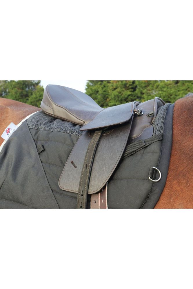 A bay horse wearing a brown classic total contact treeless saddle and a premium brown leather saddle seat