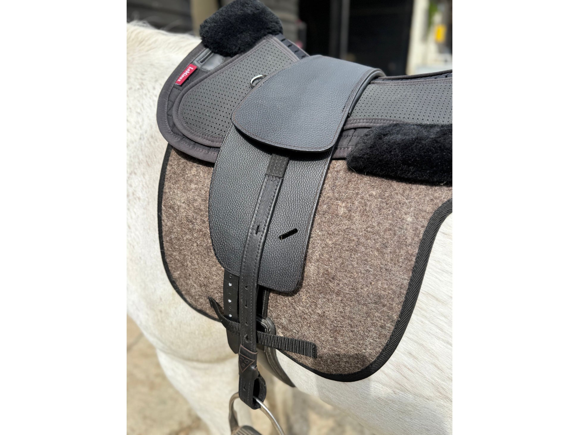 A Classic jet black short billet TCS saddle with black TCS webbers on a grey horse wearing a felt saddle pad and a black half pad