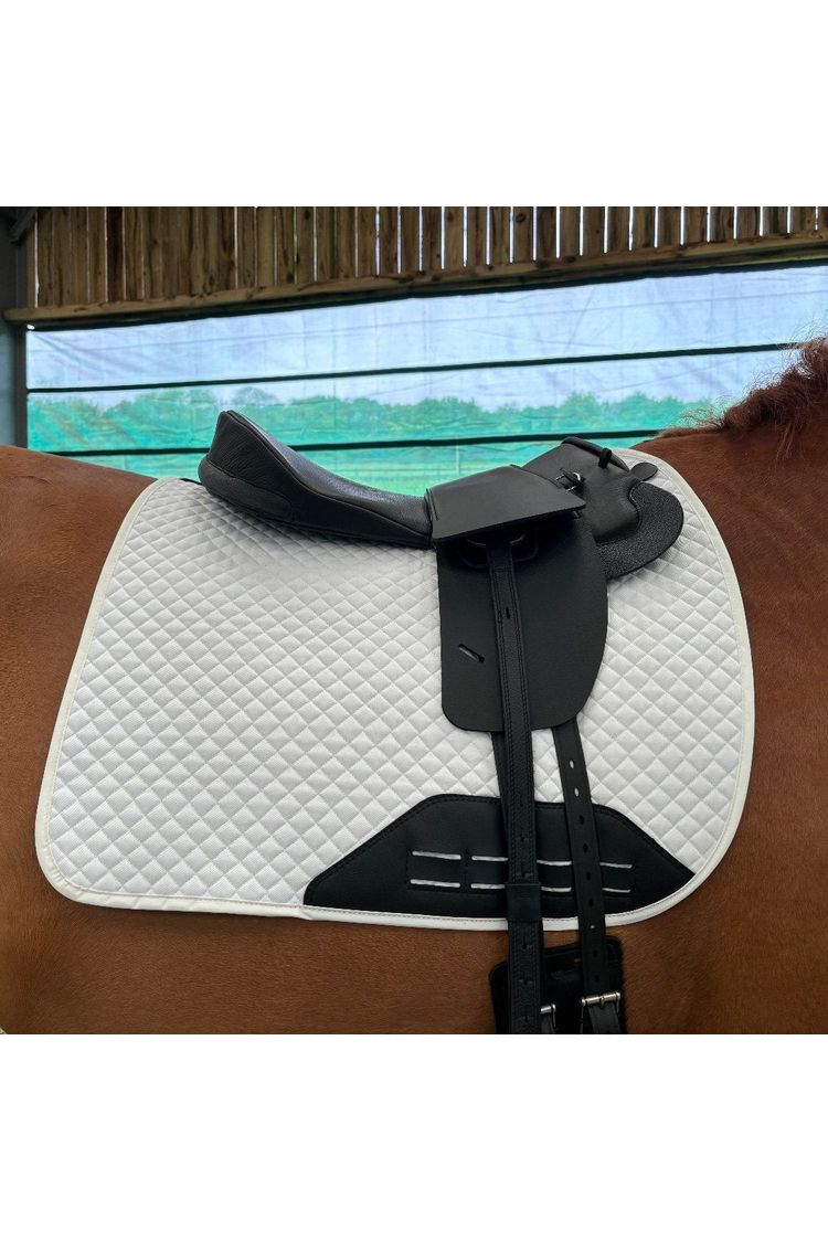 A Premium leather saddle seat and a Classic Jet Black long billet TCS saddle on a chestnut horse wearing a white saddle pad