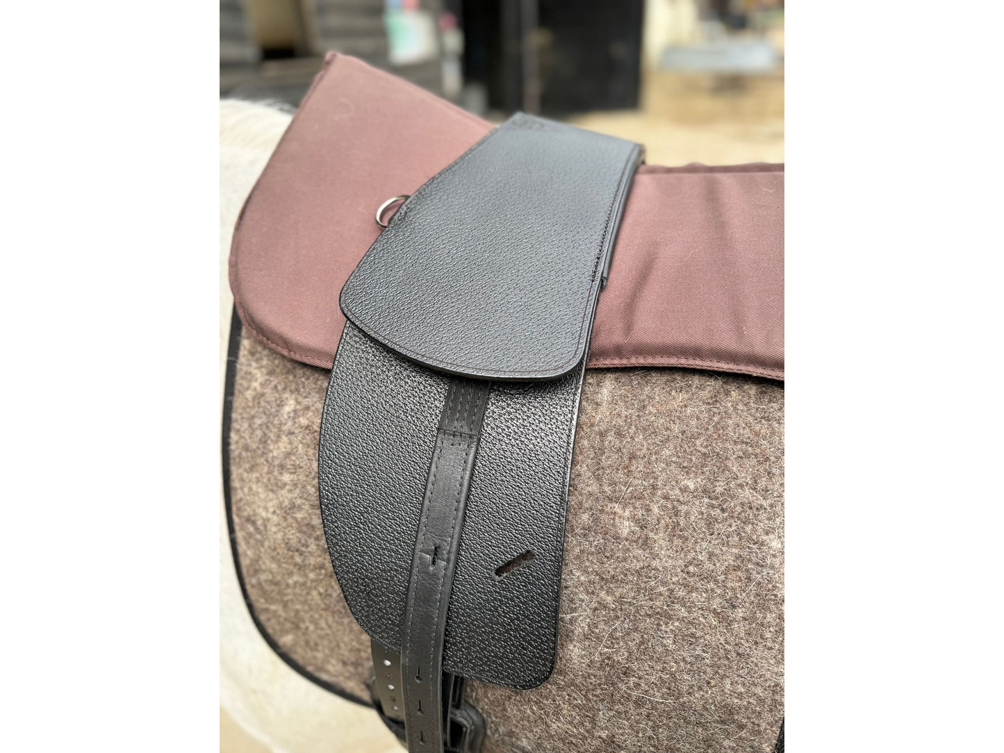 A Premium black short billet TCS saddle with black TCS webbers on a grey horse wearing a felt saddle pad and a brown half pad