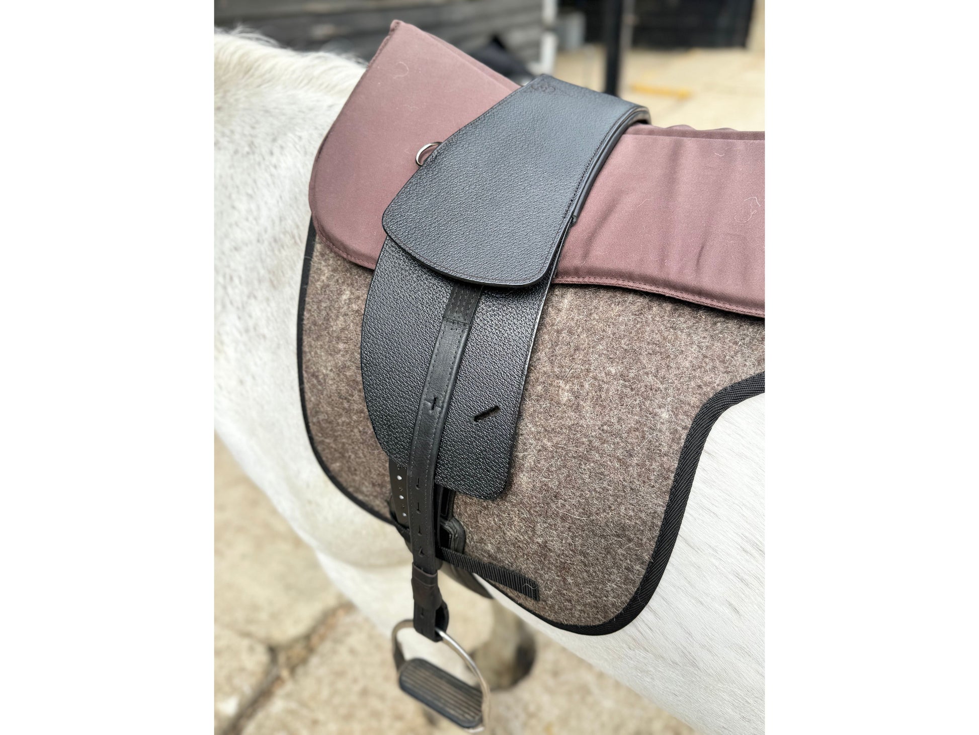 A Premium black short billet TCS saddle with black TCS webbers on a grey horse wearing a felt saddle pad and a brown half pad