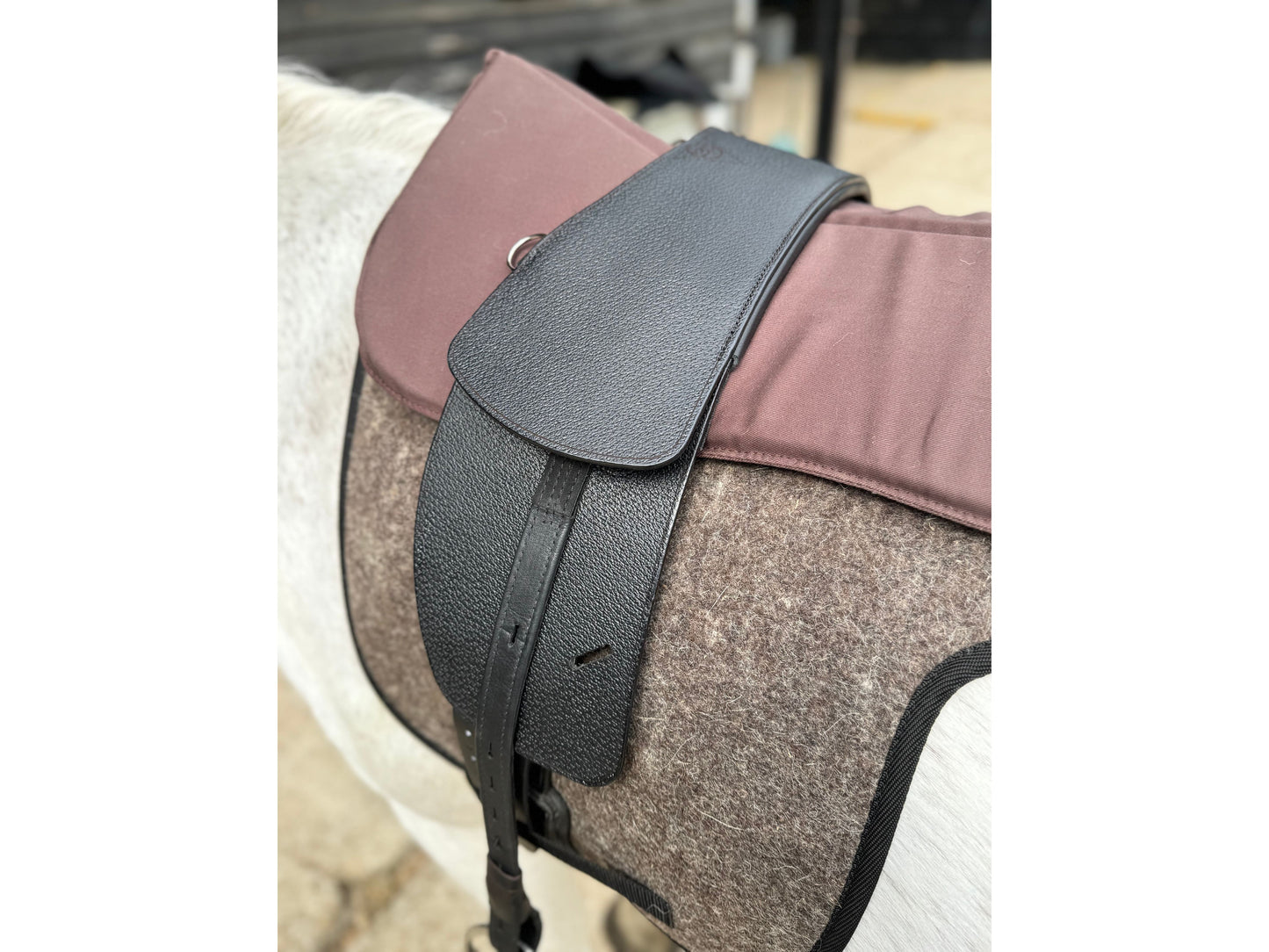 A Premium black short billet TCS saddle with black TCS webbers on a grey horse wearing a felt saddle pad and a brown half pad