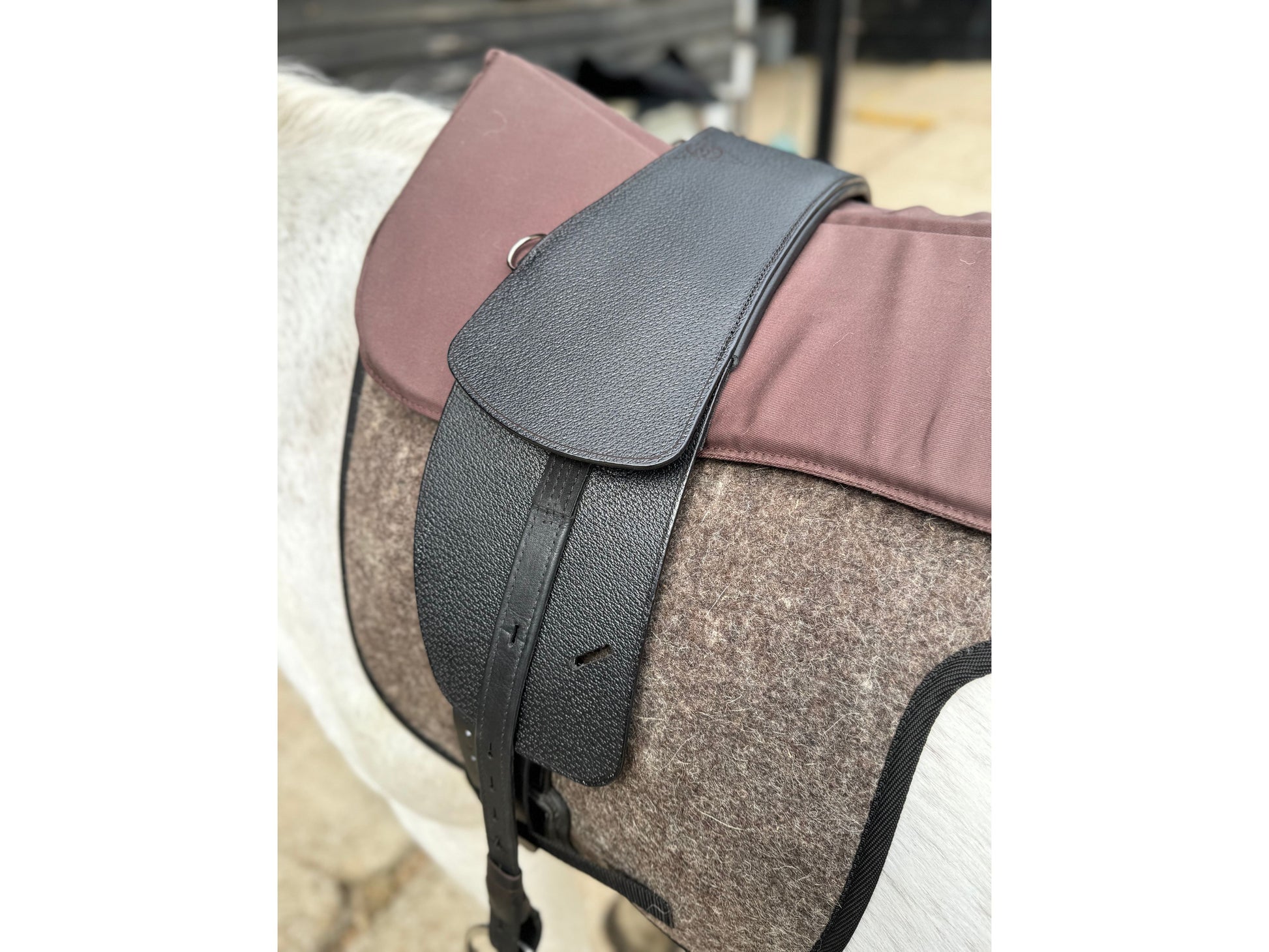 A Premium black short billet TCS saddle with black TCS webbers on a grey horse wearing a felt saddle pad and a brown half pad