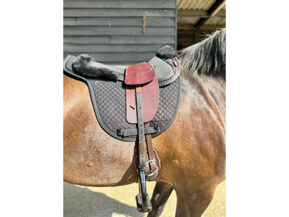 A Premium Nutmeg TCS saddle on a dark bay horse with brown TCS Webbers on a black saddle pad and black half pad