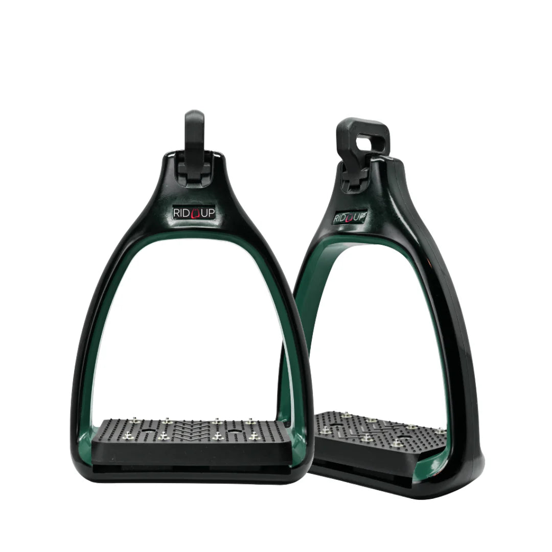 Two Rid'Up horse riding stirrups shown from the front against a solid white background.