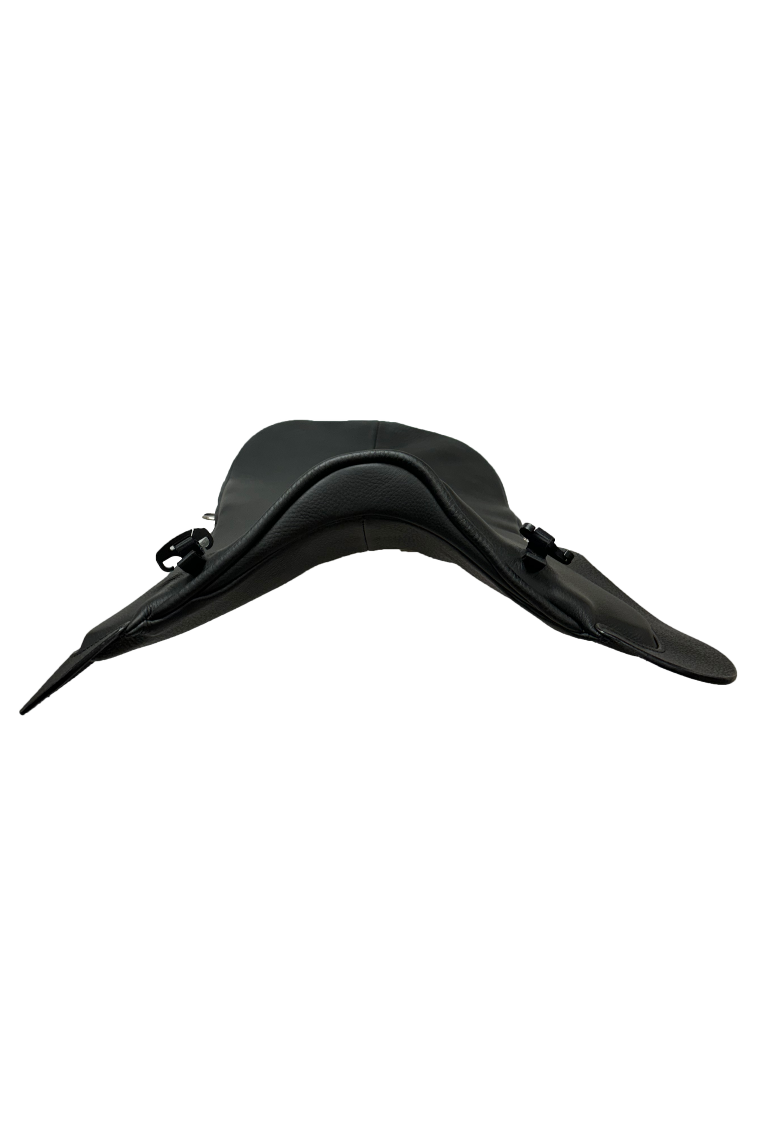 A view from the front of the Total Contact Saddles premium black leather saddle seat