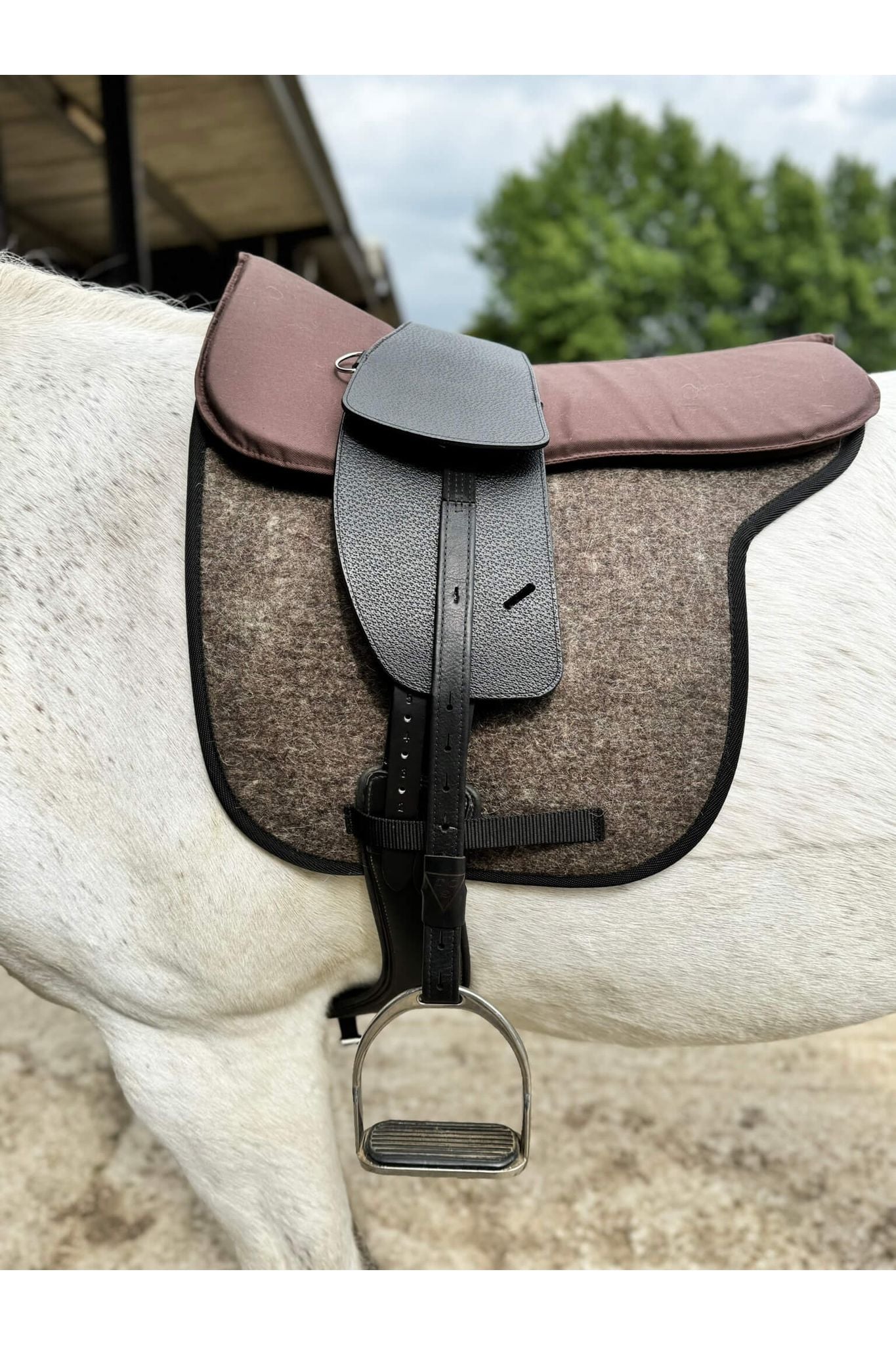 A premium black total contact treeless saddle on a grey horse wearing a felt saddle pad and a brown half pad