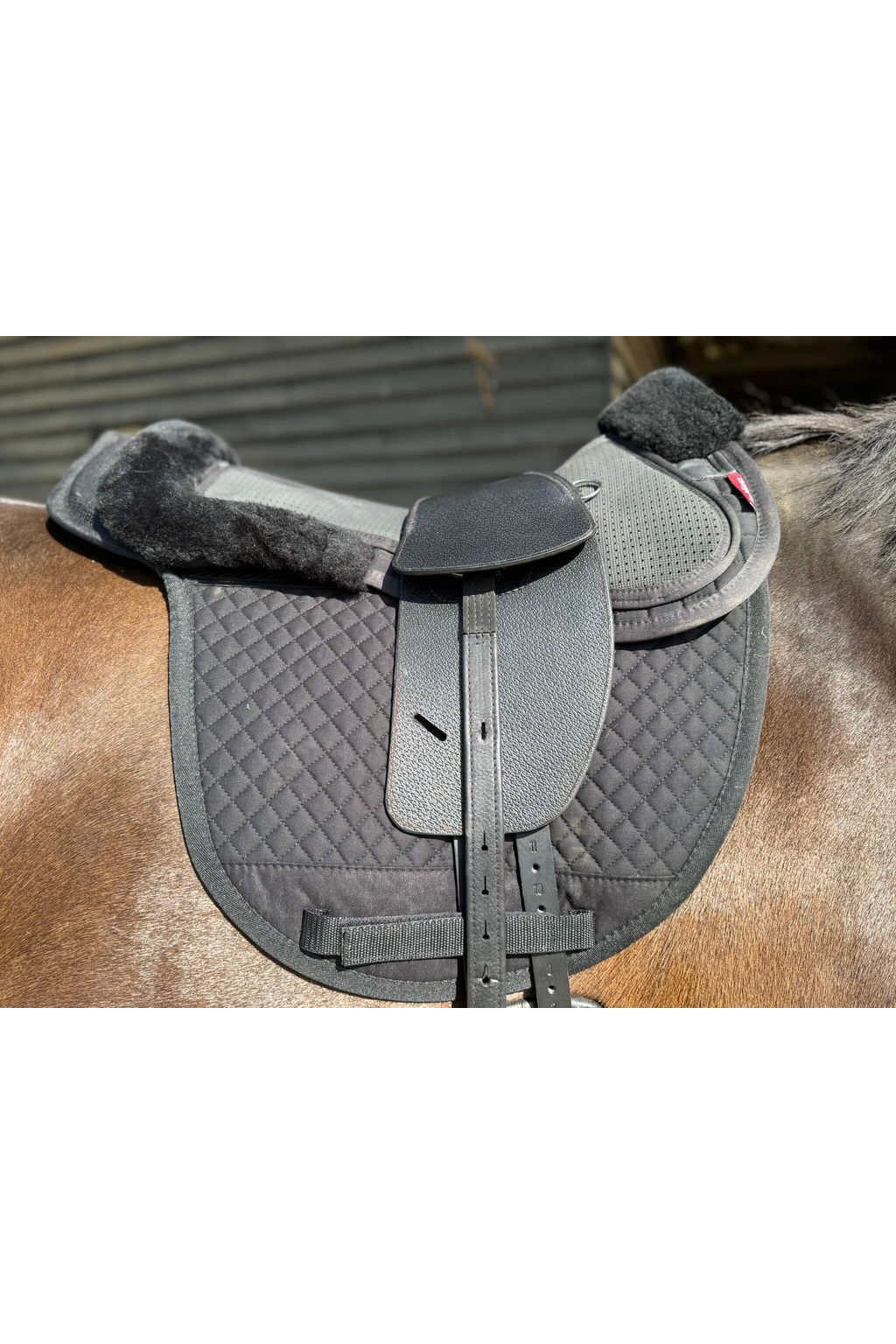 A premium black total contact treeless saddle on a dark bay horse wearing a black addle pad and a black half pad