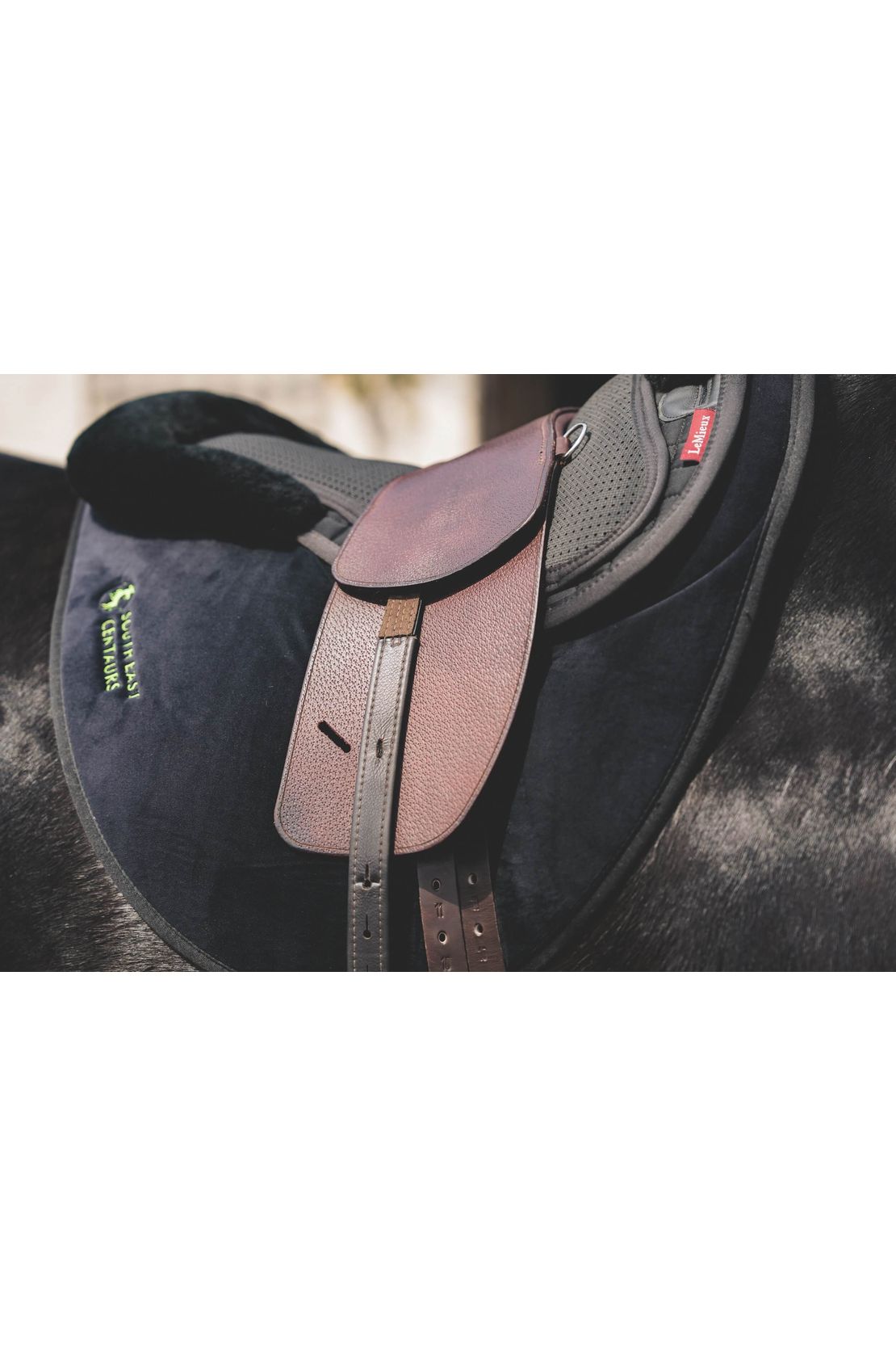 A premium nutmeg total contact treeless saddle on a black horse wearing a black saddle pad and a black half pad