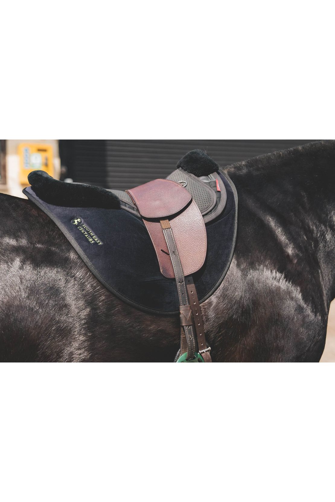 A premium nutmeg total contact treeless saddle on a black horse wearing a black saddle pad and a black half pad