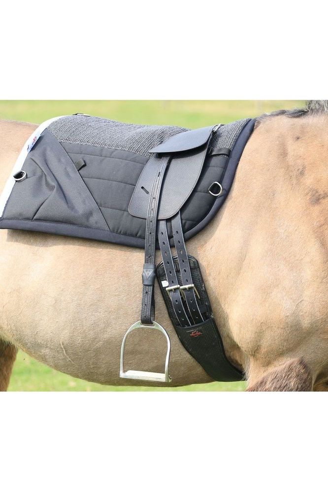 A black Classic Total Contact treeless saddle on a dun horse wearing a black saddle pad