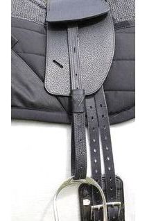A black TCS branded stirrup leather on a black classic total contact treeless saddle on a black saddle pad